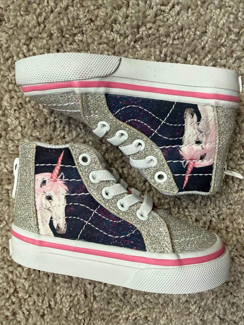 Kids Glitter Unicorn High-Top Sneakers in Silver and Navy